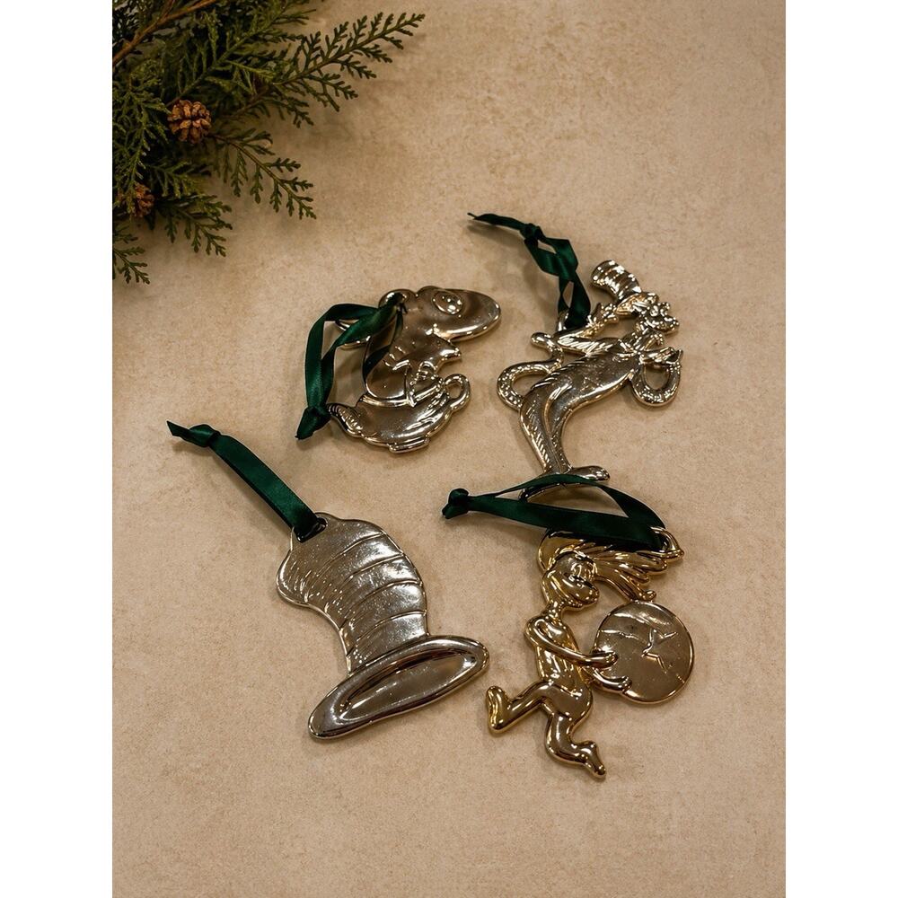 Dr. Seuss Cat In The Hat 2004 Set Of 4 Silver Plated Christmas Ornaments
